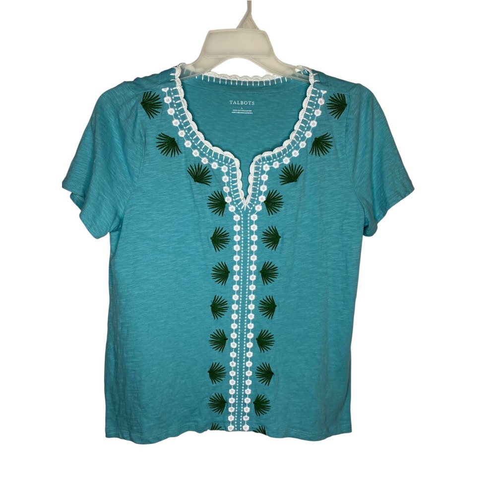 Talbots Womens Teal Blue Embroidered Palm Leaf Split Neck Cotton Tee Large